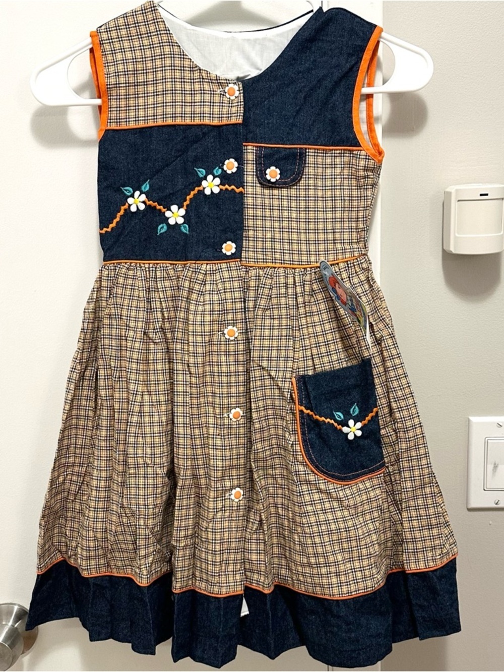 Vintage Narci Stell Sleeveless Patchwork Plaid Denim Flower Dress Girl 6 orange